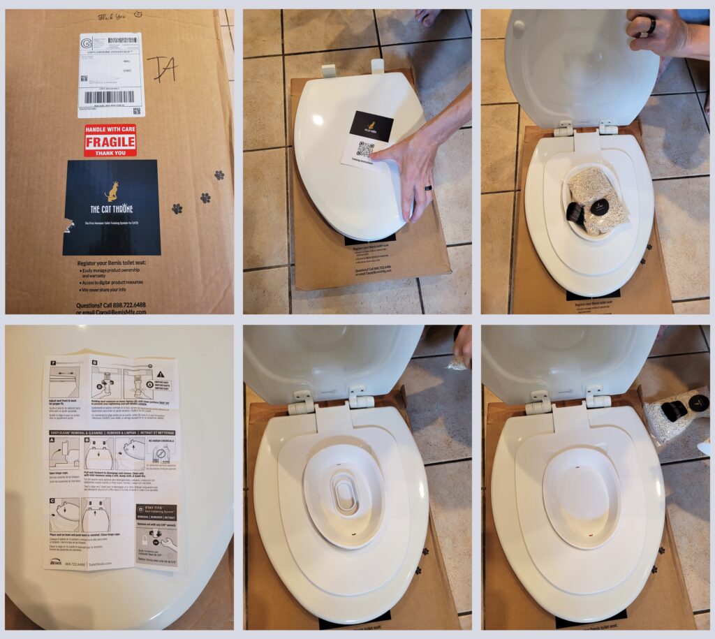 Collage of six photos showing the Cat Throne toilet training kit unboxing and setup: shipping box with logo, seat being unpacked, included parts, instruction sheet, and the assembled toilet seat ready for use.