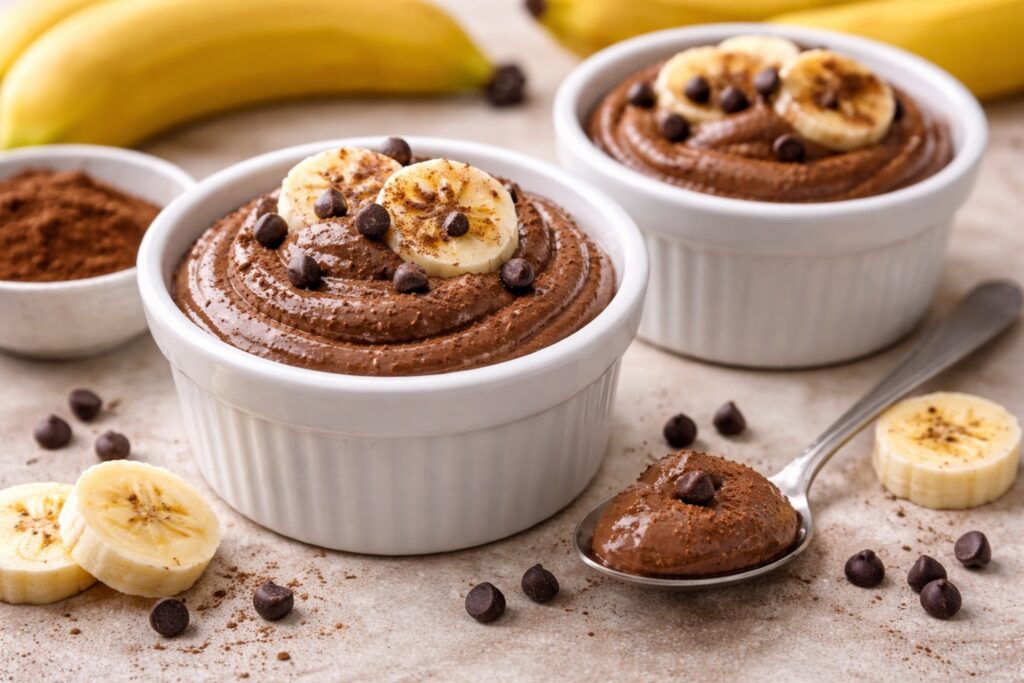 Banana chocolate mousse served in white ramekins, topped with banana slices and cacao powder, with fresh bananas and cacao in the background.