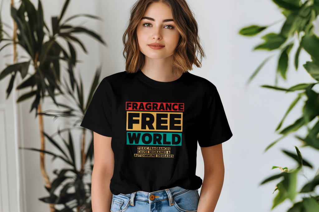 14-me-5 A woman standing, she is wearing a black tshirt that says "Fragrance Free World"