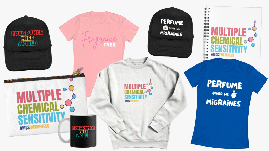 a collage of tshirts and other merchandise showcasing designs like "Perfume give me migraines" and "MCS awareness"