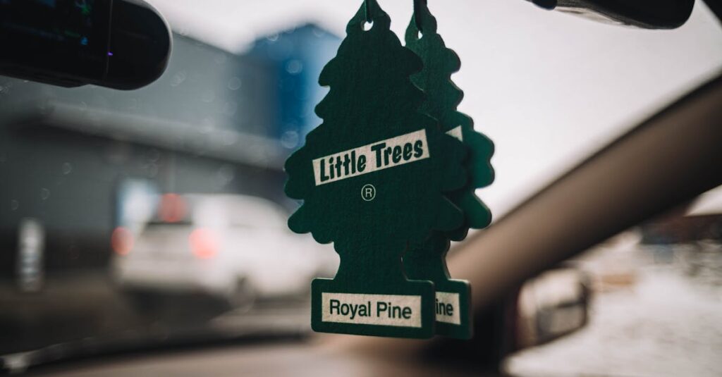 Green tree-shaped air freshener hanging from car mirror, depicting 'Royal Pine' scent.