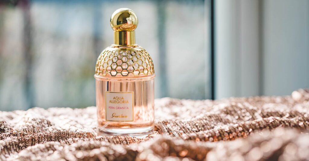 Elegant Guerlain perfume bottle on a textured fabric with natural lighting, exuding luxury and fragrance.
