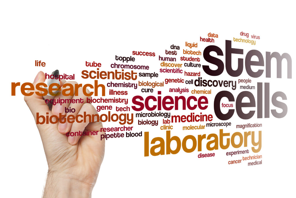 Image that has many words such as science, stem cell, laboratory, technology, medicine, and many more