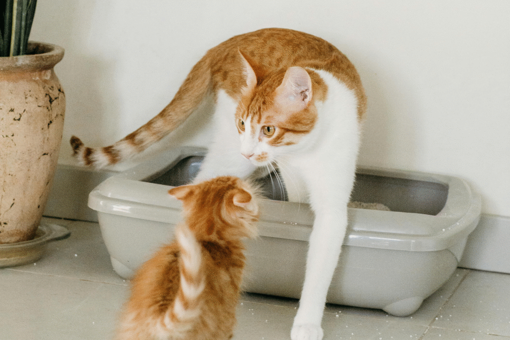 Two cats at a litter box — the common setup that people with MCS, allergies, or chronic illness often struggle to tolerate.