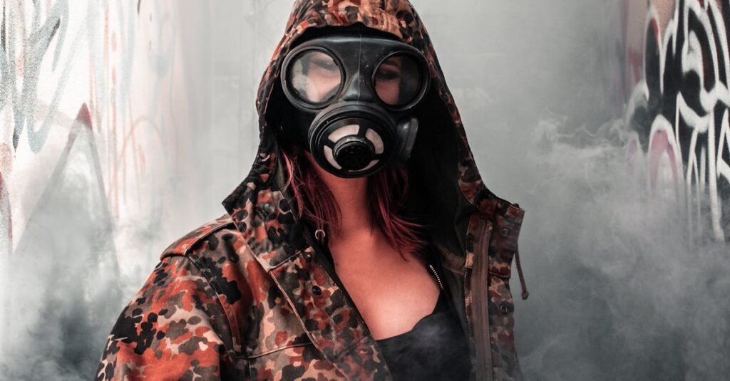 A woman wearing a gas mask and camouflage jacket standing in graffiti-filled alley, emitting a dramatic atmosphere.