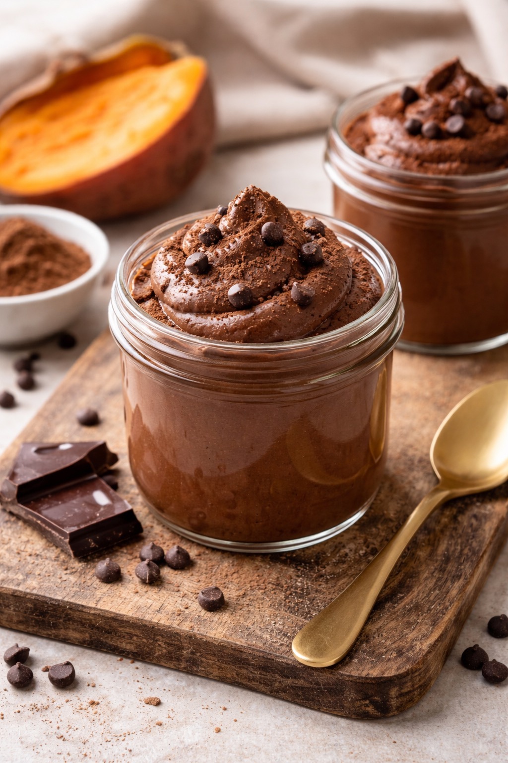 Creamy sweet potato chocolate mousse served in small glass jars, topped with cacao powder and dark chocolate pieces, with a baked sweet potato and cacao in the background.