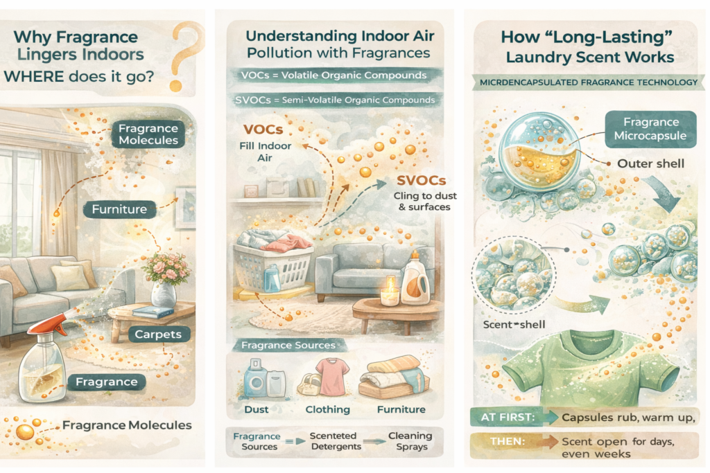Illustration showing fragrance molecules spreading through a living room and settling on furniture, carpets, and surfaces from a cleaning spray.